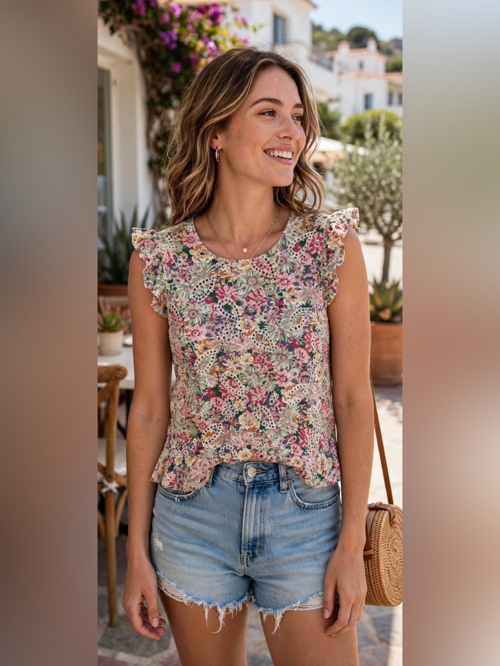 Solitaire Floral Eyelet Ruffle Top Romantic Summer Blouse Cotton Vacation